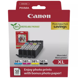 (4) C.t. CANON CLI581XL Pack BK/C/M/Y MULTIPACK 4-color + 50h photo papel ECOPACK