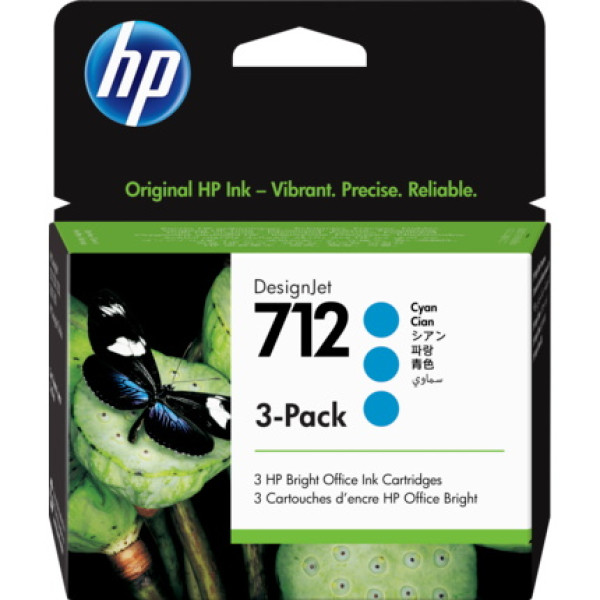 (3) C.t.HP #712 cyan Designjet T210 T230 T250 T630 T650 - 3-pack x 29ml