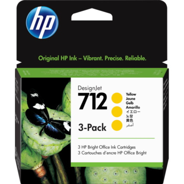 (3) C.t.HP #712 amarillo Designjet T210 T230 T250 T630 T650 - 3-pack x 29ml