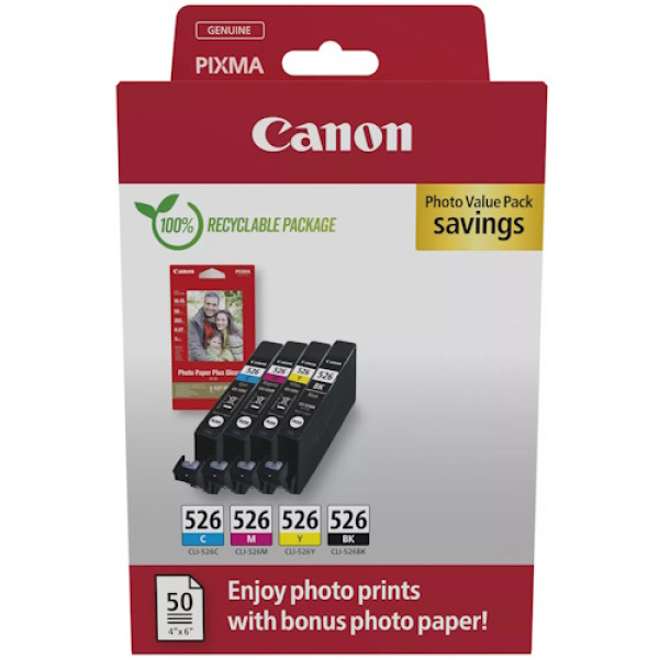 (4) C.t. CANON CLI526CMYK Photo Value Pack ECO +50h.papel Photo 10x15 cartón ECOPACK