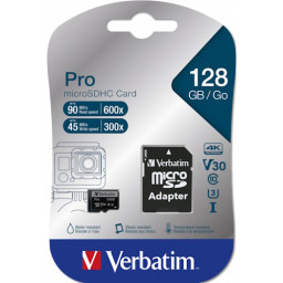 VERBATIM Pro MicroSDHC 128GB Clase 10 U3 UHS-I +adapt. a SD, Lect.90MB/s Escr.45MB/s