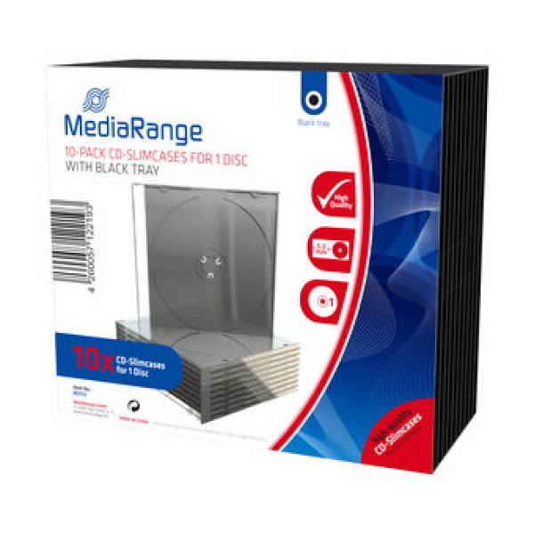 (10) Estuche MEDIARANGE 1 CD/DVD caja cristal slim del.transp/detrás negro, ancho 5,2mm (fino)