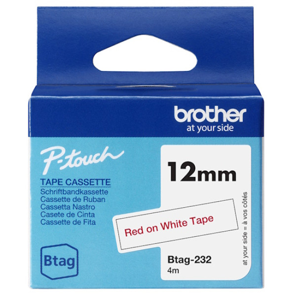 C. 12mm BROTHER Btag rojo sobre blanco cinta no laminada doméstica 4m