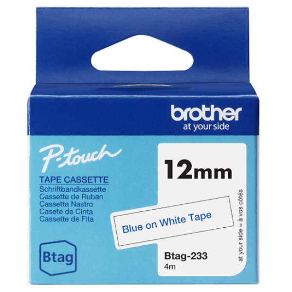 C. 12mm BROTHER Btag azul sobre blanco cinta no laminada doméstica 4m