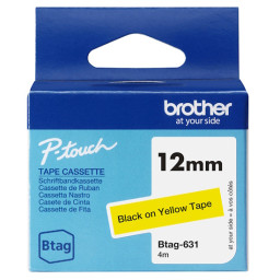 C. 12mm BROTHER Btag negro sobre amarillo cinta no laminada doméstica 4m