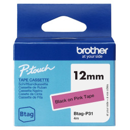 C. 12mm BROTHER Btag negro sobre rosa cinta no laminada doméstica 4m
