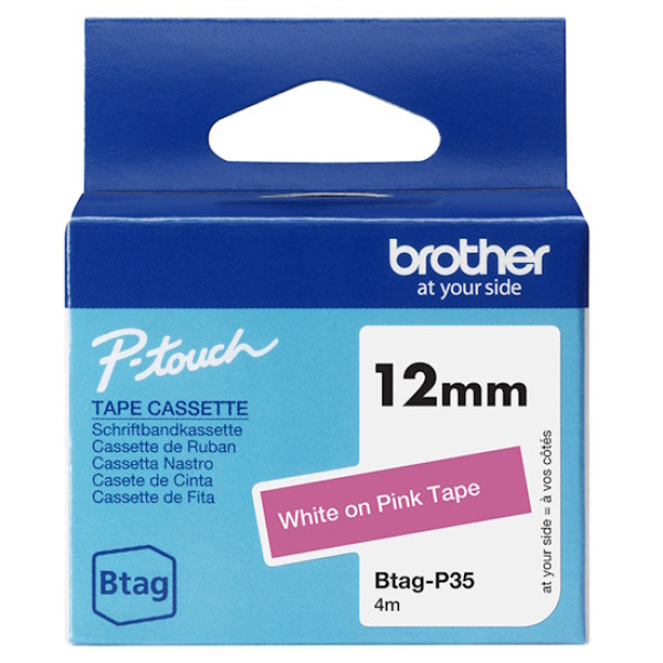 C. 12mm BROTHER Btag blanco sobre rosa cinta no laminada doméstica 4m