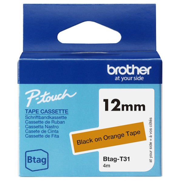 C. 12mm BROTHER Btag negro sobre naranja cinta no laminada doméstica 4m