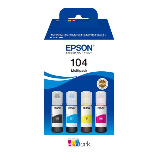 (4) EPSON 104 EcoTank multipack ink bottles 4x70ml. EcoTank ET2710 ET2711 ET4800