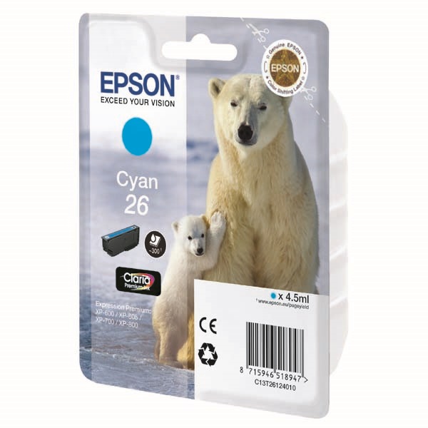 C.t.EPSON #26 XP600 XP605 XP610 XP705 XP805 cian 300p. baja capacidad (oso polar)