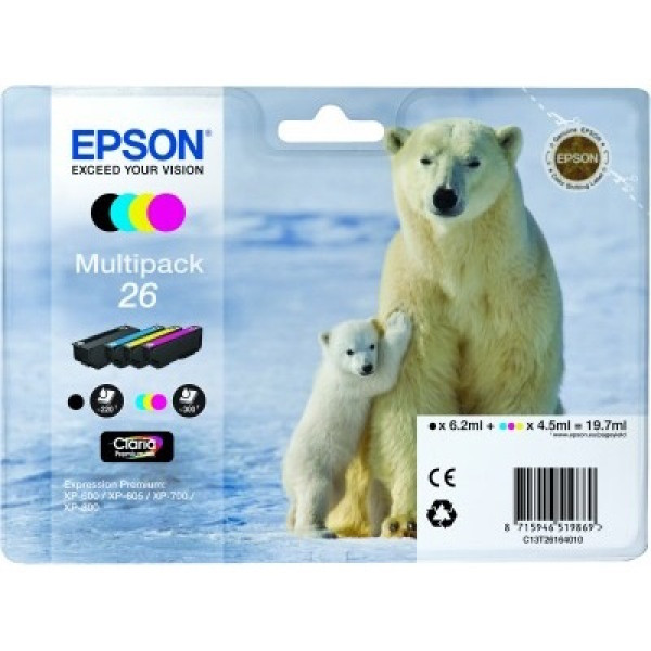 (4) C.t.EPSON #26 XP600 XP605 XP610 XP705 XP805 (oso polar) PACK 4-COLORES - cad.use before 11/25 (4) C.t.EPSON #26 XP600 XP605 XP610 XP705 XP805 (oso polar) PACK 4-COLORES - cad.use before 11/25