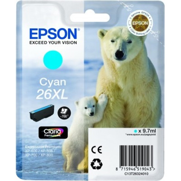 C.t.EPSON #26XL XP600 XP605 XP610 XP705 XP805 cian 700p. alta capacidad (oso polar)
