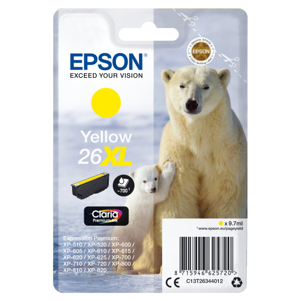 C.t.EPSON #26XL XP600 XP605 XP705 XP805 amarillo 700p. (oso polar) **especial BLISTER ALARMA**