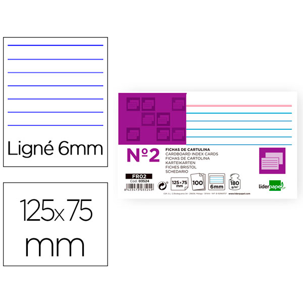 8100) Fichas LIDERPAPEL Rayada Nº2  6mm  180gr. 75 x 125 mm.