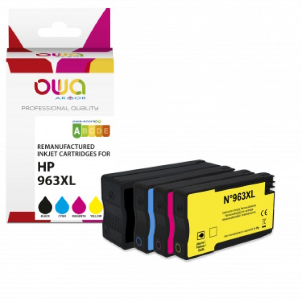 Ct. reman. OWA: HP 963XL negro + 3-colores pack 4 (comp.3JA30AE/3JA27AE/3JA28AE/3JA29AE)
