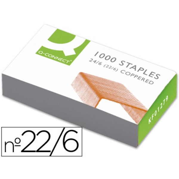 Caja 1000 grapas Q-CONNECT 22/6, 24/6 cobreadas (doradas)