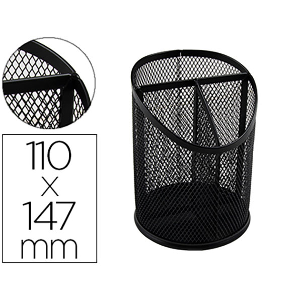 Cubilete portalápices Q-CONNECT metal negro altura 147mm, diámetro 110mm, con compartimentos