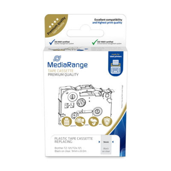 C. MEDIARANGE 9mm BROTHER P-touch negro/transpar. black on clear, 8mts. (compatible TZE-121)