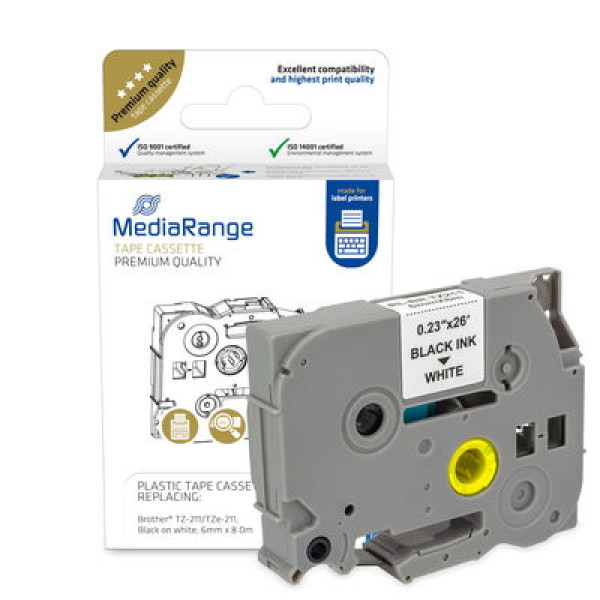 C. MEDIARANGE 6mm BROTHER P-touch negro/blanco black on white, 8mts. (compatible TZE-211)
