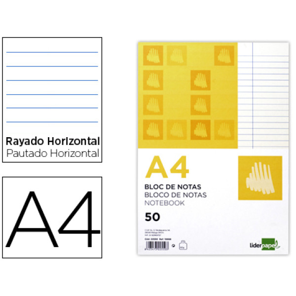 Block notas LIDERPAPEL A4 50 hojas 60gr Rayado horizontal, color amarillo