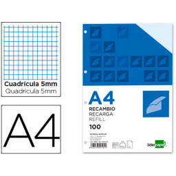 Recambio LIDERPAPEL A4 cuadro 5mm  6 taladros 100gr.  100h. con márgen