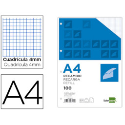 Recambio LIDERPAPEL cuadricula 4mm 4 taladros 100gr.  100h. con márgen