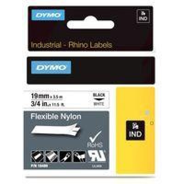 C. 19mm DYMO Rhino Industrial Black on White 3,5m. Flexible nylon (18489) ID1-19
