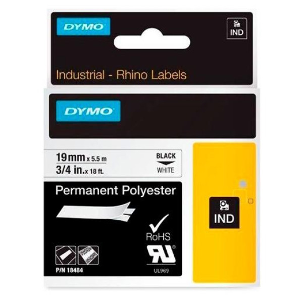 C. 19mm DYMO Rhino Industrial Black/White 5,5m. permanent polyester (18484)