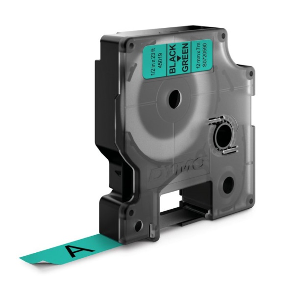 Label cassette DYMO D1 Standard 12mm x 7m.  Black on Green (texto negro/fondo verde)(45019)