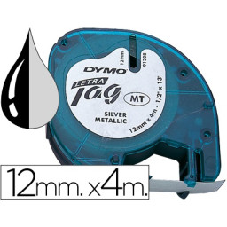 C.rotul.DYMO 12mm DYMO negro/plata metalizada 4mtr/Letratag