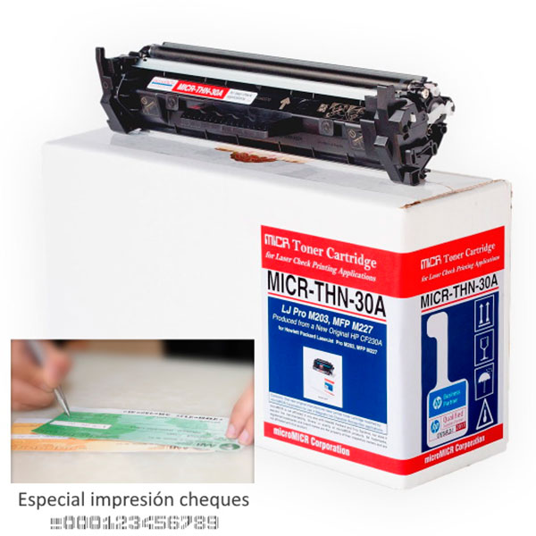 Toner microMICR HP Pro Lj.M203 MFP M227 1.600p. (CF230A) alta cap. para impresión cheques